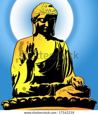 Golden Buddha Sitting Illustration on Blue Background