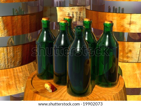 Bottles of Wine on Barrels with an Open Bottle