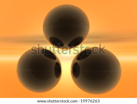 Three Abstract Black Glass Spheres on Orange Horizon
