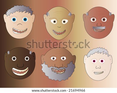 Six 6 Multiethnic Senior Citizens Old Men Male Face Cartoon Illustration Caucasian White Black Asian Hispanic Arab Oriental Man