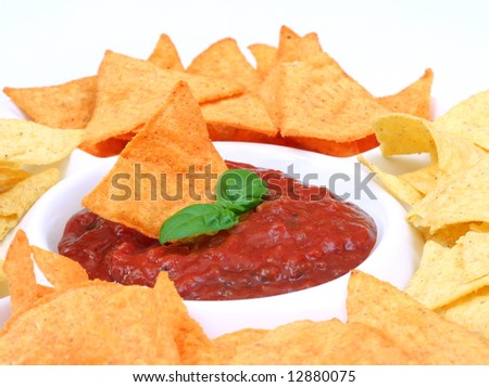 stock photo : Nachos and salsa dip in a bowl