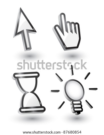 Vector mouse cursors (pointers): arrow, hand, bulb hourglass with shadow,