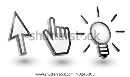 Vector mouse cursors (pointers): arrow, hand, bulb with shadow,3d