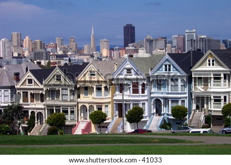 stock photo Postcard Row Houses San Francisco California