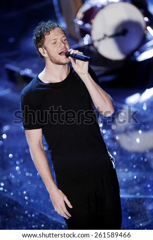 SANREMO, ITALY - FEBRUARY 10: Dan Reynolds and The Imagine Dragons perform during the 65th Sanremo Song Festival at the Ariston Theatre on February 10, 2015 in Sanremo, Italy.