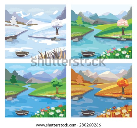 Beautiful landscape with river and mountains.\
Four season. (vector illustration)