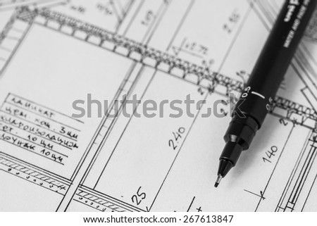 Technical pen on a technical drawing, construction plan