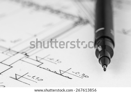 Technical pen on a technical drawing, construction plan
