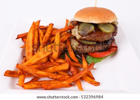 Double Cheeseburger with sweet potatoes fries