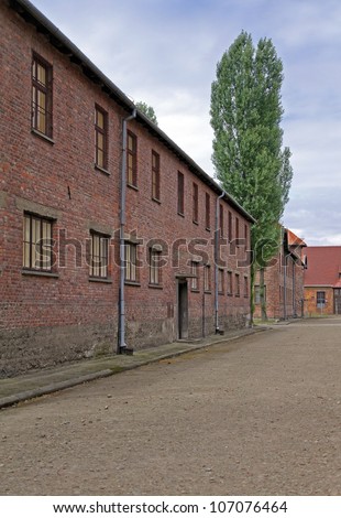AUSCHWITZ - JULY 28: Block of houses in concentration camp in Auschwitz, Poland on July 28, 2009. It was the biggest nazi concentration camp in Europe during World War II.