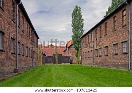 AUSCHWITZ - AUGUST 13: Block of houses in concentration camp in Auschwitz, Poland on August 13, 2011. It was the biggest nazi concentration camp in Europe during World War II.