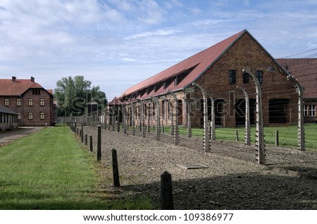 AUSCHWITZ - AUGUST 13: Block of houses in concentration camp in Auschwitz, Poland on August 13, 2011. It was the biggest nazi concentration camp in Europe during World War II.