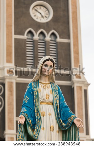 Saint Mary or the Blessed Virgin Mary, the mother of Jesus, in front of the Roman Catholic Diocese or Cathedral of the Immaculate Conception, Chanthaburi, Thailand.