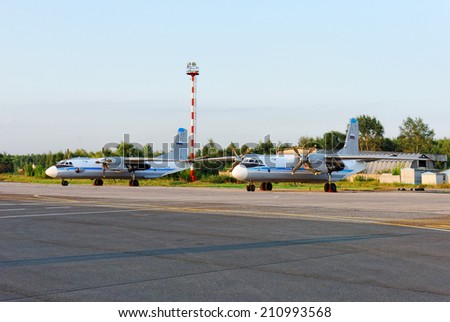 NIZHNY NOVGOROD. RUSSIA. JULY 31, 2014. International airport of Strigino. The Russian AN-26 planes are parked on the edge of an airfield