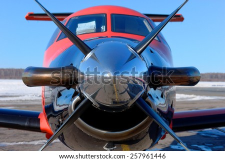 NIZHNY NOVGOROD. RUSSIA. FEBRUARY 17, 2015. Cabin of the pilot and propeller of the Pilatus light airplane of the Dexter company