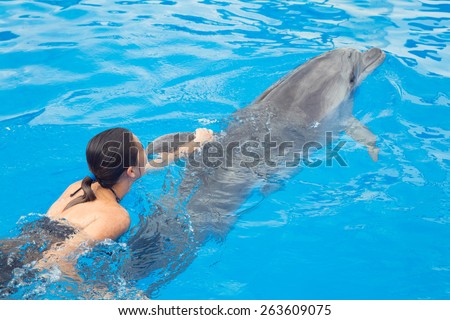 Happy beautiful young girl laughs and swims with dolphins in blue swimming pool on sunny day