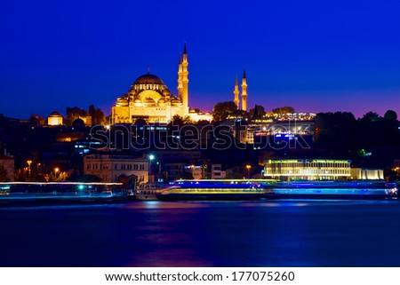 ISTANBUL TURKEY 07 Sept 2013 night view of the pier from the eastern shore of the bay ISTANBUL TURKEY 07 Sept 2013 night view of the pier from the eastern shore of the bay