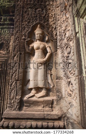 Ancient Engraving Stone Figure Of The Goddess In The Temple Angkor Wat In Siem Reap Cambodia