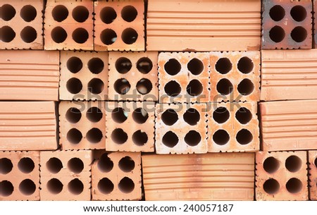 Close up many new bricks background outdoor material
