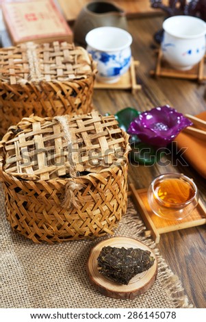 Traditional old packages Chinese Puer tea from Yunnan province of China in the table