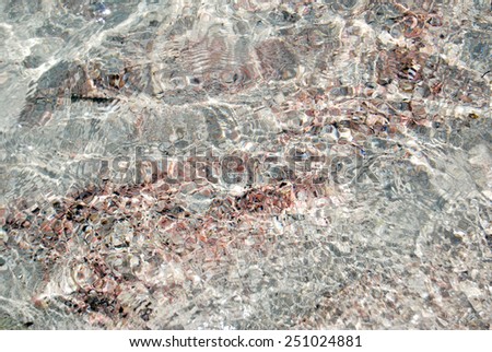 sea bed with crystal clear water, white sand and pieces of pink coral