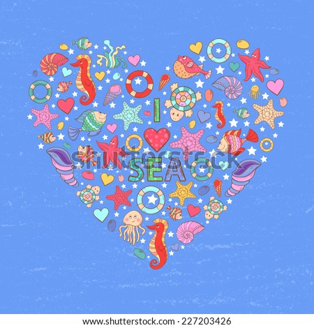Sea life heart background of colorful blots,bubbles, inks,themed design with fish, turtle,shell,seaweed,jellyfish,coral,sea urchins,fish Hammer,lobster,bubbles in the shape of heart with text