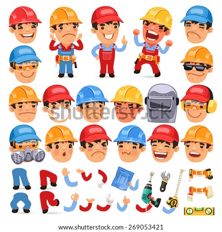 Set of Cartoon Worker Character for Your Design or Animation. Isolated on White Background.