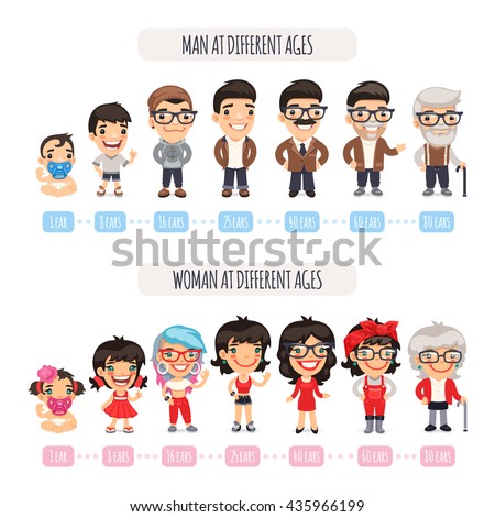 Man and woman aging set. People generations at different ages. Baby, child, teenager, young, adult, old people. Isolated on white background. Clipping paths included.