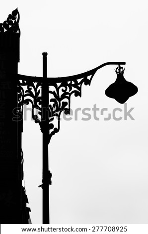 Silhouette of a elegant street lamp. Wrought iron of flower shapes on lamp post.