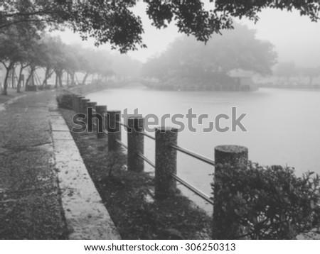 De focused/Blurred, black and white image of a foggy morning near a lake. Lake surrounded by trees and railings.