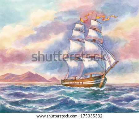 Watercolor painting, seascape with a ship.