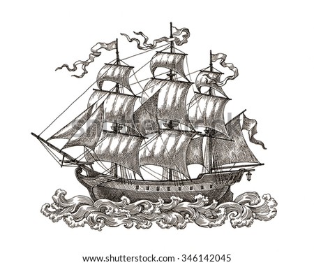 Ink And Pen Drawing, Ancient Sail Ship, On White Background. Stock
