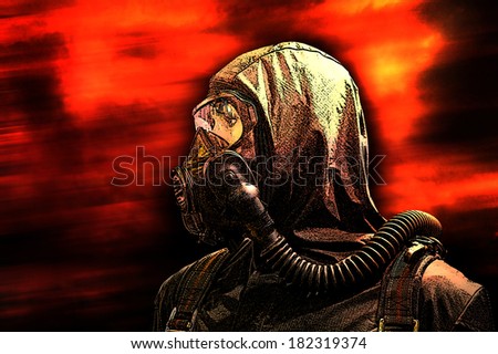 A man in suit with gas mask in an hostile environment