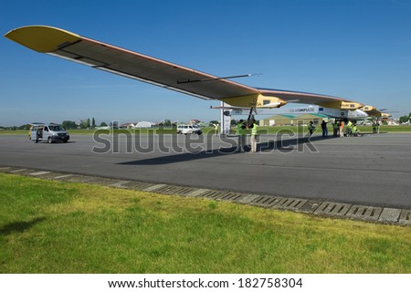 LE BOURGET, FRANCE - JUNE 26, 2011 - Solar Impulse, experimental aircraft powered by solar energy on the runway for a demonstration with Bertrand Piccard and AndrÃ© Borschberg as pilots