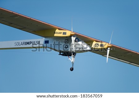 LE BOURGET, FRANCE - JUNE 26, 2011 - Solar Impulse, experimental aircraft powered by solar energy flying for demonstration