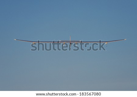 LE BOURGET, FRANCE - JUNE 26, 2011 - Solar Impulse, experimental aircraft powered by solar energy flying for demonstration
