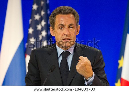 DEAUVILLE, FRANCE - MAY 27, 2011 : French President in press conference during G8 - Deauville, France on May 27 2011