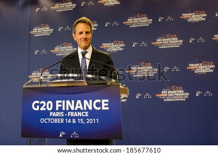 PARIS, FRANCE - OCTOBER 15, 2011 : Timothy Geithner in french Ministry of economy during the G20 Finances in Paris.