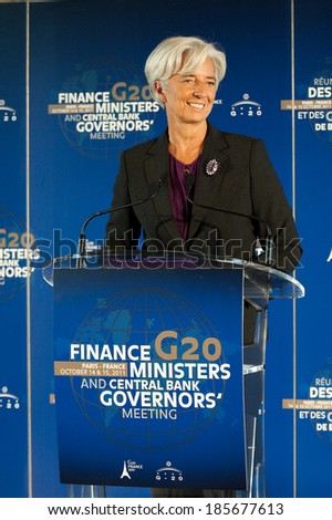 PARIS, FRANCE - OCTOBER 15, 2011 : Christine Lagarde in french Ministry of economy during the G20 Finances in Paris.