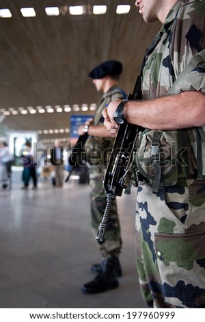 Soldiers on patrol in Roissy for vigipirate Plan against Terrorism in France