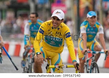 PARIS, FRANCE - JULY 26, 2010 : Alberto Contador on the Champs Elysees after wining the Tour de France 2010
