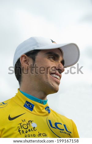 PARIS, FRANCE - JULY 26, 2010 : Alberto Contador on the Champs Elysees after wining the Tour de France 2010