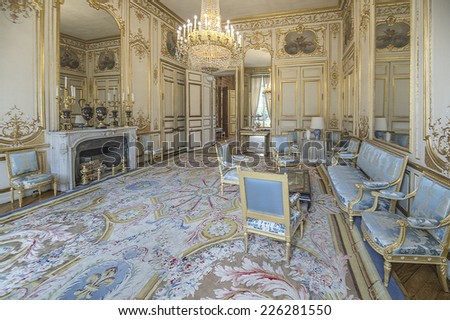 PARIS, FRANCE - OCTOBER 24, 2014 : Inside the palais de elysee, (Elysee palace) in the salon des aides de camps (aid camps room)