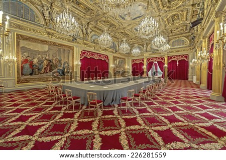 PARIS, FRANCE - OCTOBER 24, 2014 : Inside the palais de elysee, (Elysee palace) in the salle des fetes (hall of festivities)