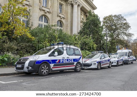 PARIS, FRANCE - APRIL 26, 2016 - French cars police parked in the street