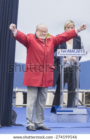 PARIS, FRANCE - MAY 1, 2015 : Jean Marie le Pen during the speech of his daughter Marine le Pen from Front National for the may 1 parade