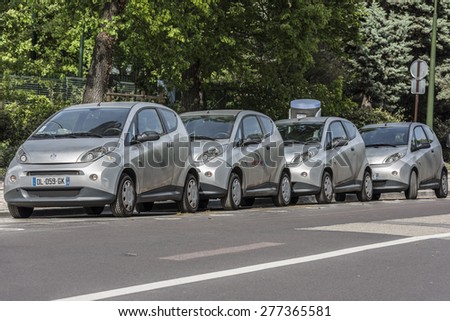 PARIS, FRANCE - MAI 12, 2015: Cars Autololib parked for rental. Autolib is a french carsharing service of electric car.