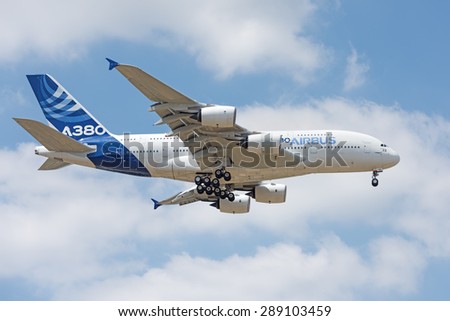 LE BOURGET, FRANCE - JUNE 16, 2015 : The double-deck A380, the world\'s largest commercial aircraft flying today operating on most of the world\'s longest commercial routes at the Paris Air Show.