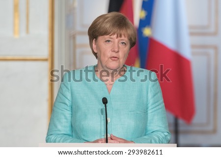 PARIS, FRANCE - JULY 6, 2015 : German Chancellor Angela Merkel at the Elysee Palace for a meeting with french President Francois Hollande about greek crisis.