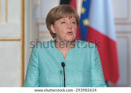 PARIS, FRANCE - JULY 6, 2015 : German Chancellor Angela Merkel at the Elysee Palace for a meeting with french President Francois Hollande about greek crisis.